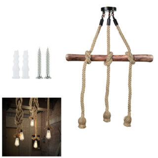 Lustre avec trois cordes qui pendent sur fond blanc. On voit également le lustre éclairé en bas de l'image.