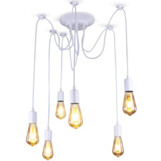 Lustre araignée blanc avec ampoules jaunes sur fond blanc.