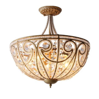 Photo d'un lustre art déco doré en fer forgé et cristal en forme de coupe sur un fond blanc