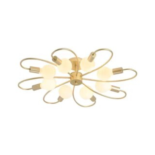 Photo d'un lustre plafonnier doré à huit boules lumineuses au bout d"une tige courbée lze tout sur fond blanc
