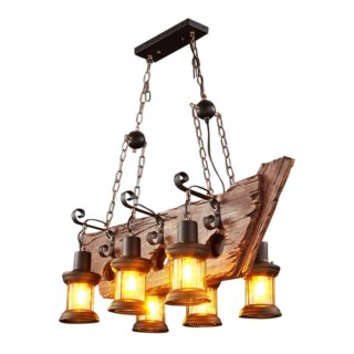 On voit un lustre rustique en bois et en métal.